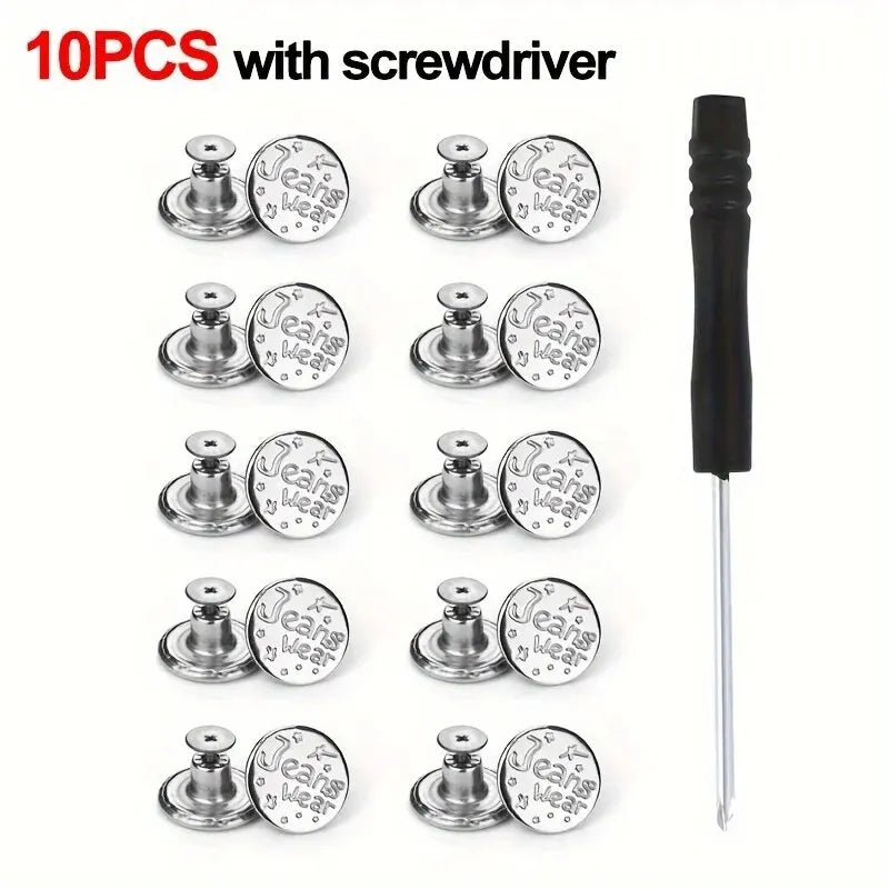 10Pcs Metal Jeans Buttons 17mm Replacement No-Sewing Screw Button Repair Kit Nailless Removable Jean Buckles Clothing Pants Pins
