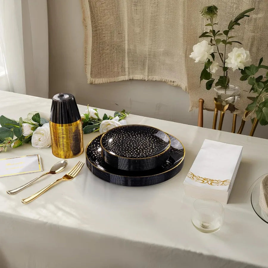 60Pcs Black Plastic Plates with Gold Rim