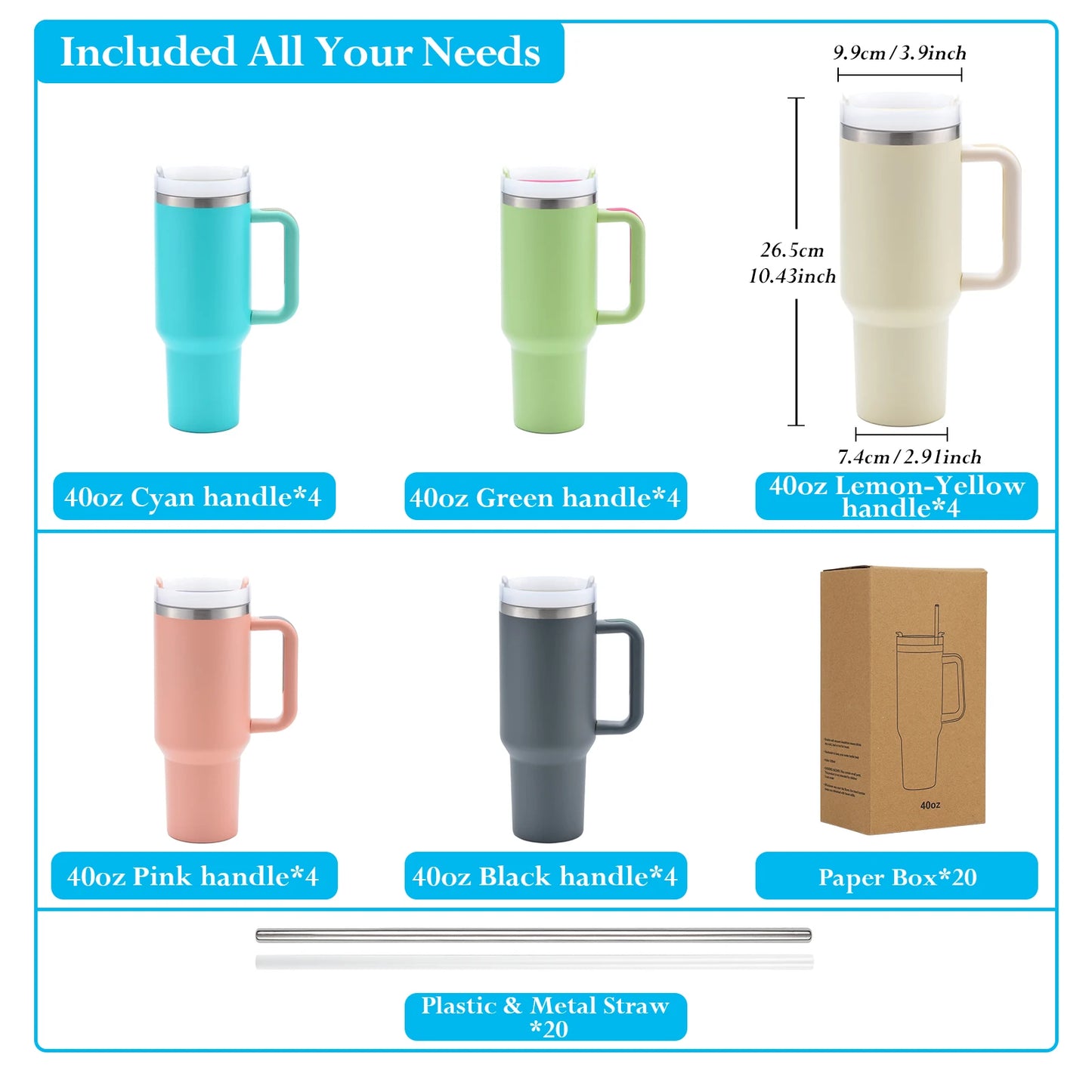 20 Pack 40 OZ Travel Mugs With Lid,Straw And Detachable Handle