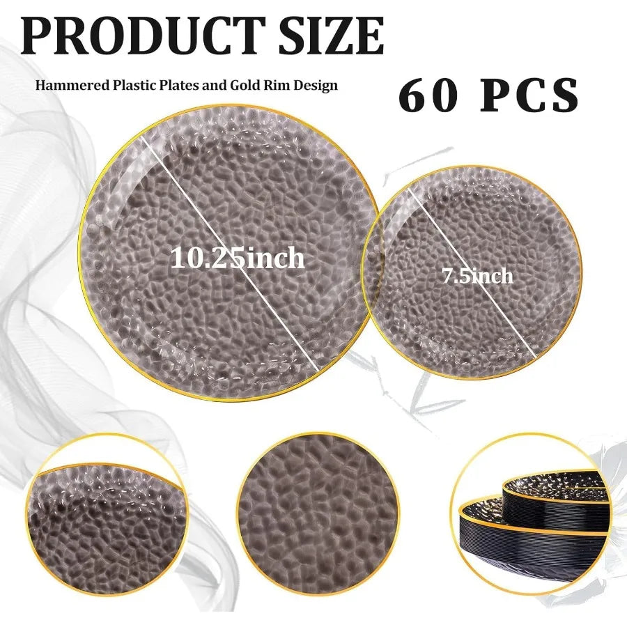 60Pcs Black Plastic Plates with Gold Rim