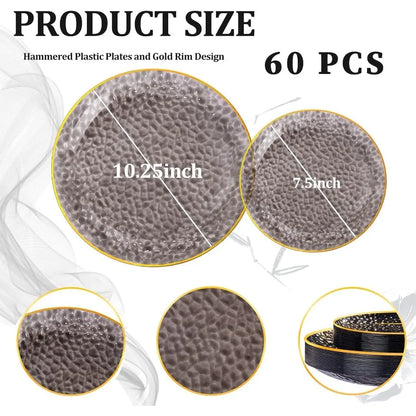 60Pcs Black Plastic Plates with Gold Rim