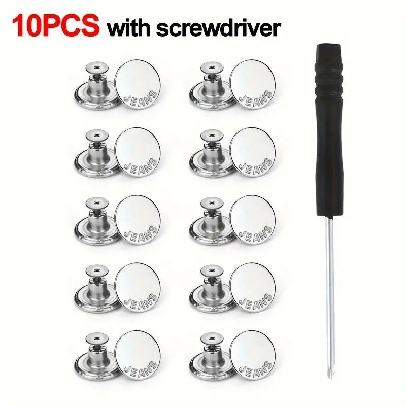 10Pcs Metal Jeans Buttons 17mm Replacement No-Sewing Screw Button Repair Kit Nailless Removable Jean Buckles Clothing Pants Pins