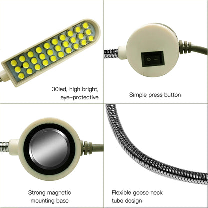 30LED Sewing Machine Light Lamp Magnetic Fixed Base Flexible Bendable Tube Goose Neck Design for Housework Duties Chores