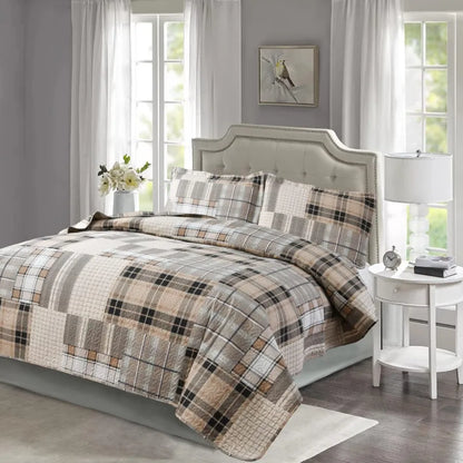 3 Piece Brown Plaid Bedding Set