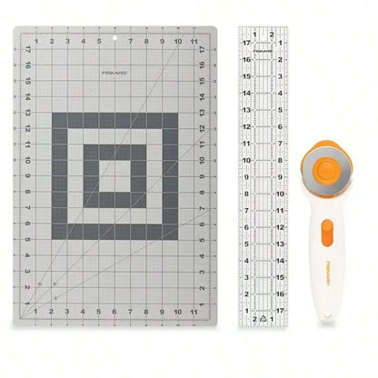 3-Piece Fabric Cutting Set: Rotary Cutter, Cutting Mat & Sewing Ruler for Quilting, Crafting & DIY Projects, White & Gray