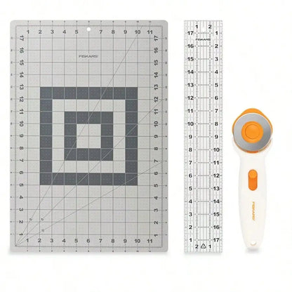3-Piece Fabric Cutting Set: Rotary Cutter, Cutting Mat & Sewing Ruler for Quilting, Crafting & DIY Projects, White & Gray