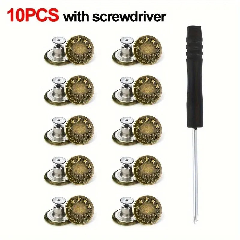 10Pcs Metal Jeans Buttons 17mm Replacement No-Sewing Screw Button Repair Kit Nailless Removable Jean Buckles Clothing Pants Pins
