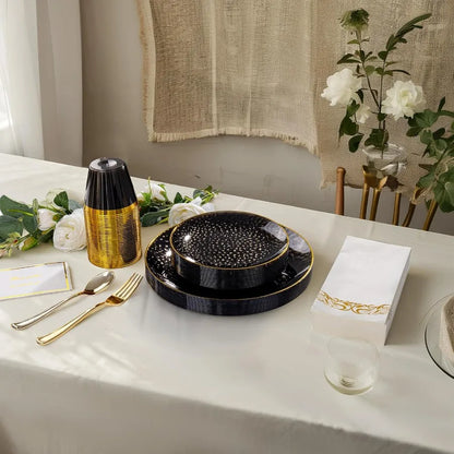 60Pcs Black Plastic Plates with Gold Rim