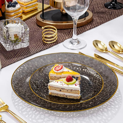 60Pcs Black Plastic Plates with Gold Rim