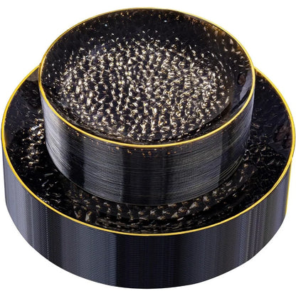 60Pcs Black Plastic Plates with Gold Rim
