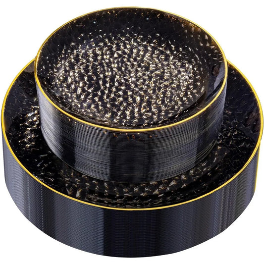 60Pcs Black Plastic Plates with Gold Rim