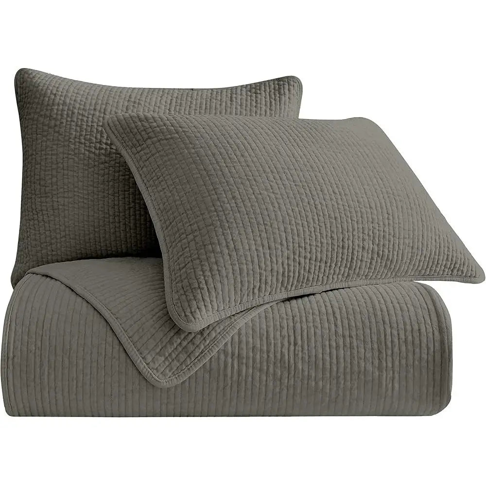 King Size 3 Piece  Gray Cotton Quilt Set