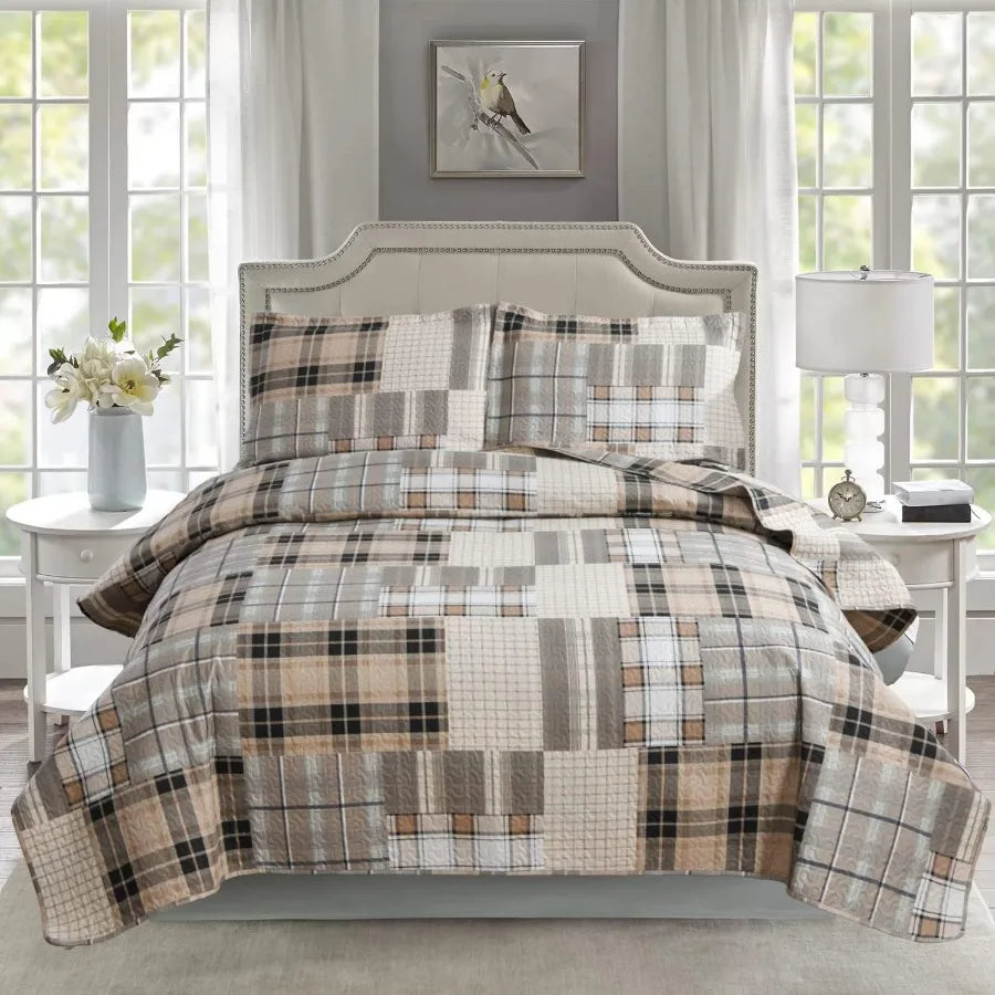 3 Piece Brown Plaid Bedding Set